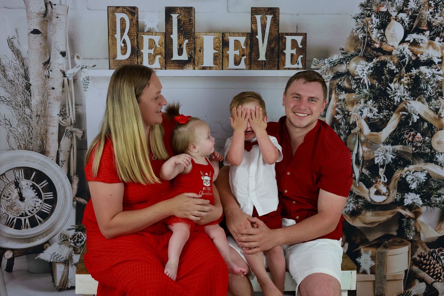 A cheerful holiday photo collage shows a family in red and white outfits posing together in front of Christmas decor.
