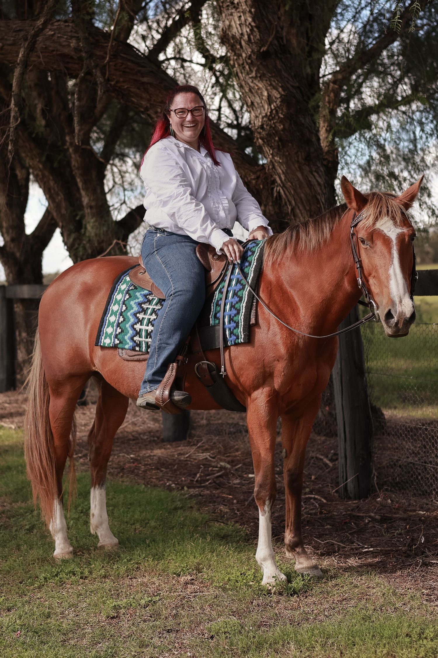 A rider sits atop a chestnut horse with white markings in a wooded outdoor setting.