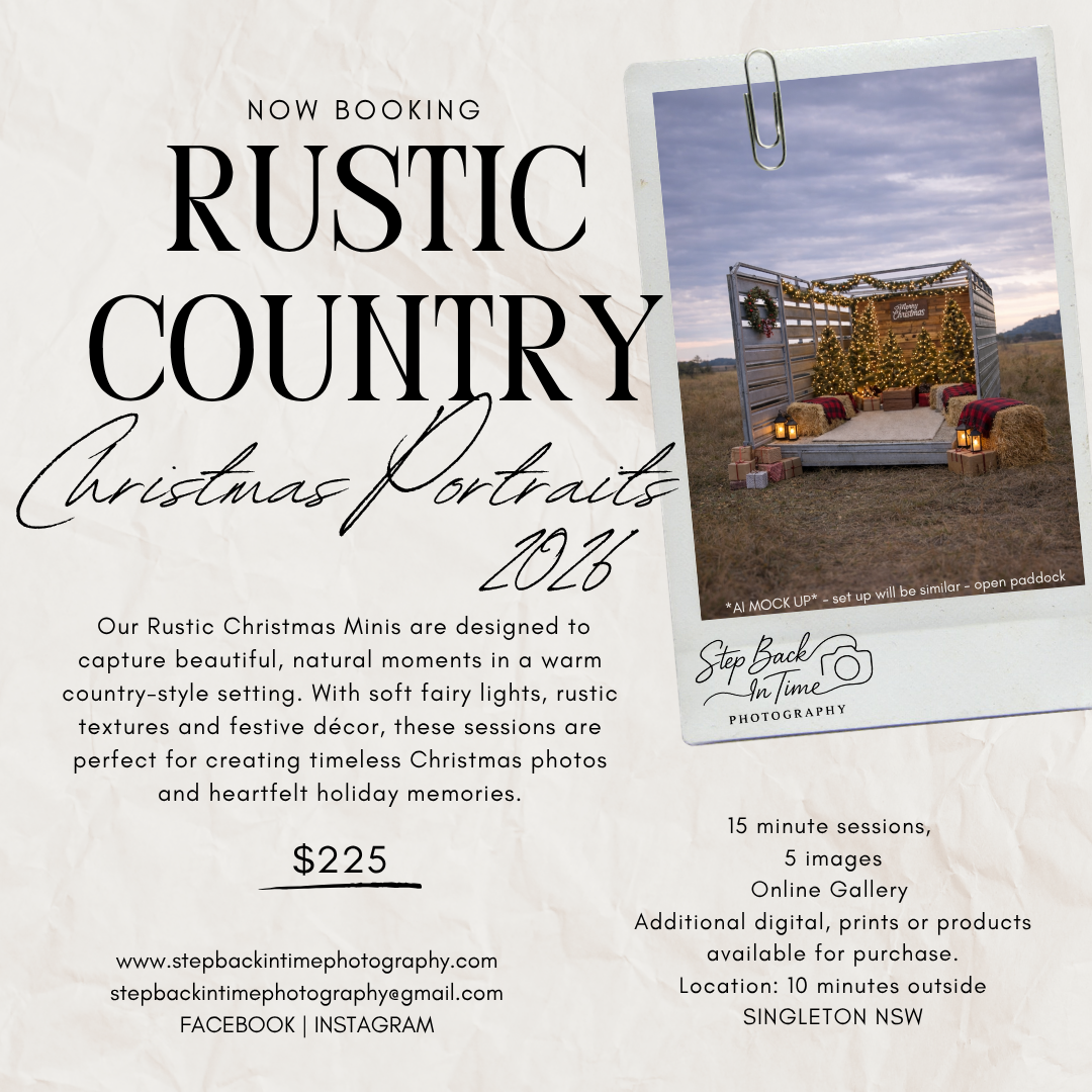 Rustic Country Christmas Portraits 2026 promotional flyer for Step Back in Time Photography, $225, Singleton NSW.