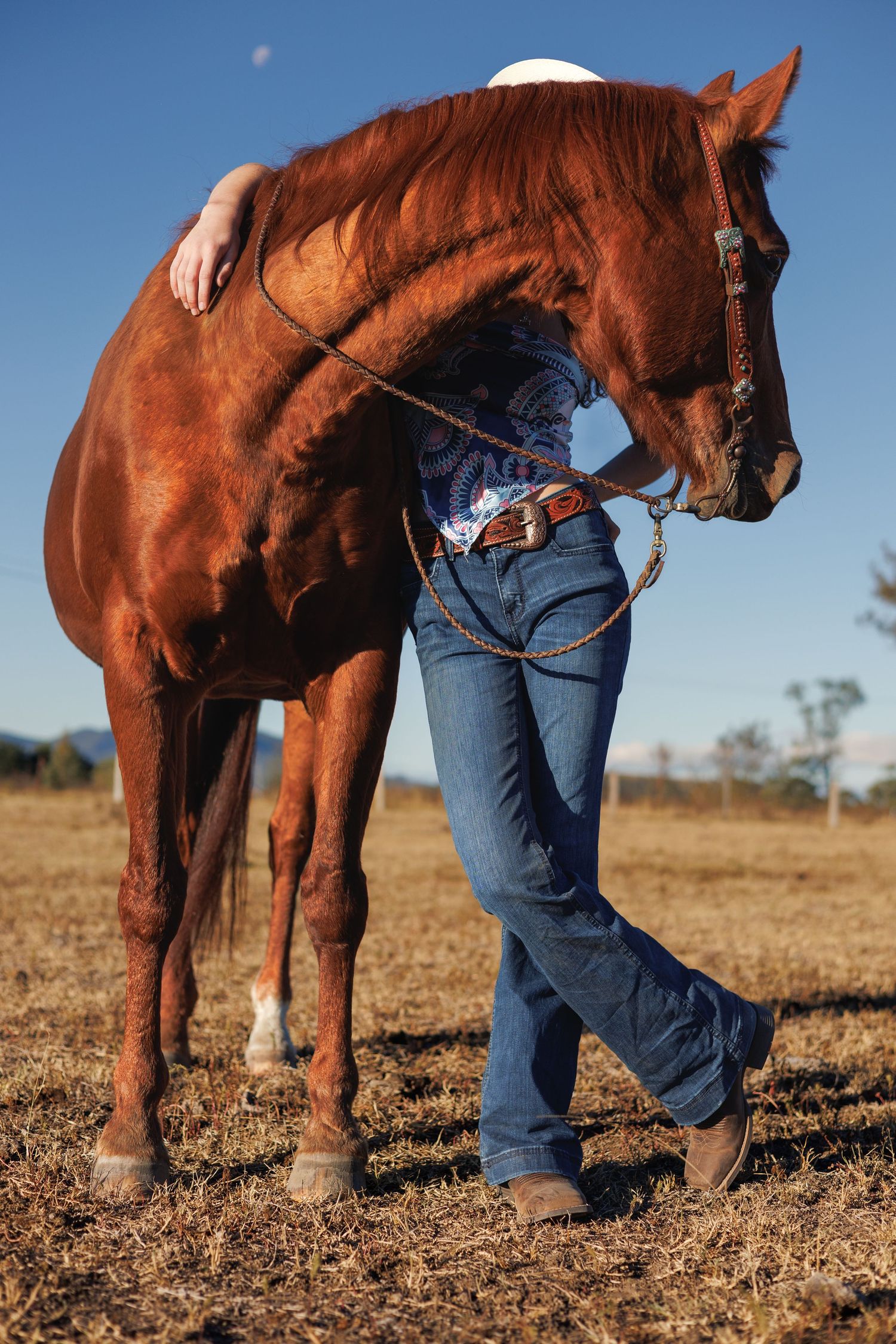 A cowgirl in jeans and boots embraces a chestnut horse in a dry field under a clear blue sky.