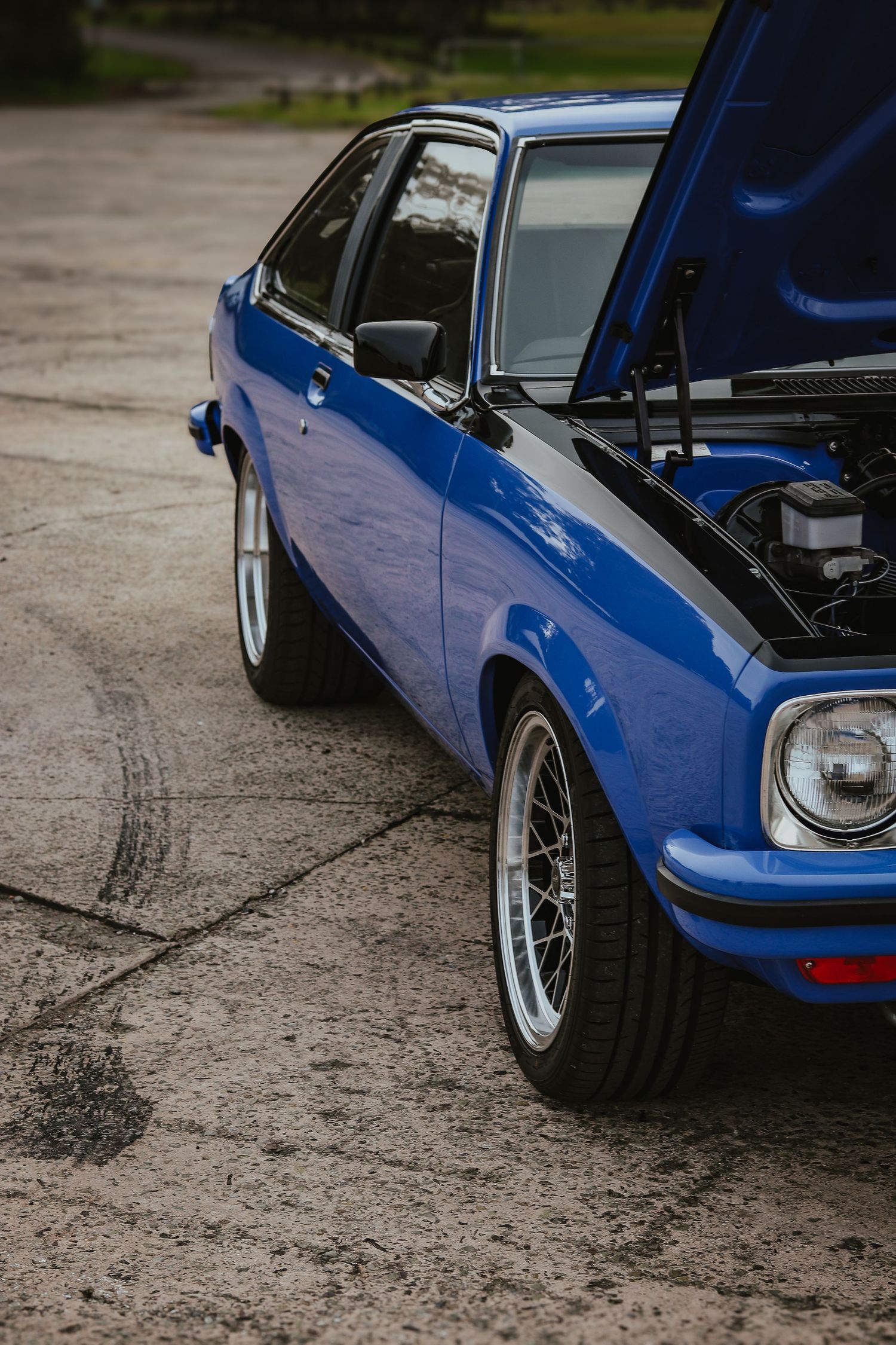Close up view of a classic blue Torana