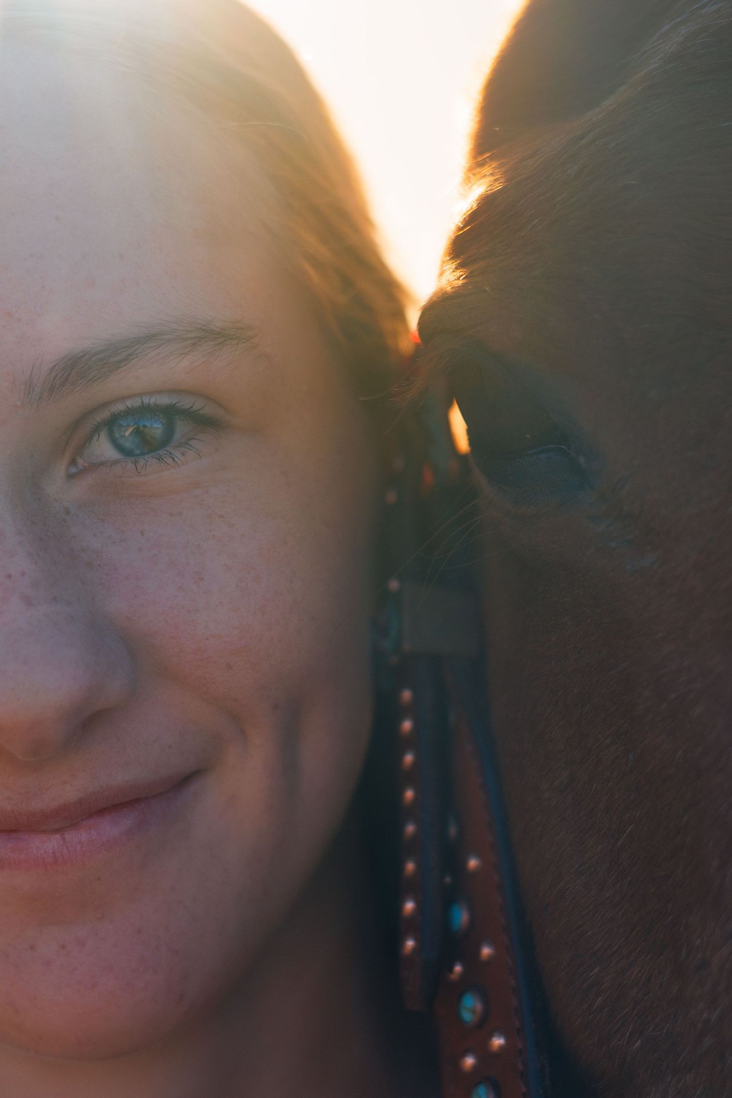 Close-up portrait of a smiling woman with blue eyes beside a brown horse, backlit by warm golden sunlight.