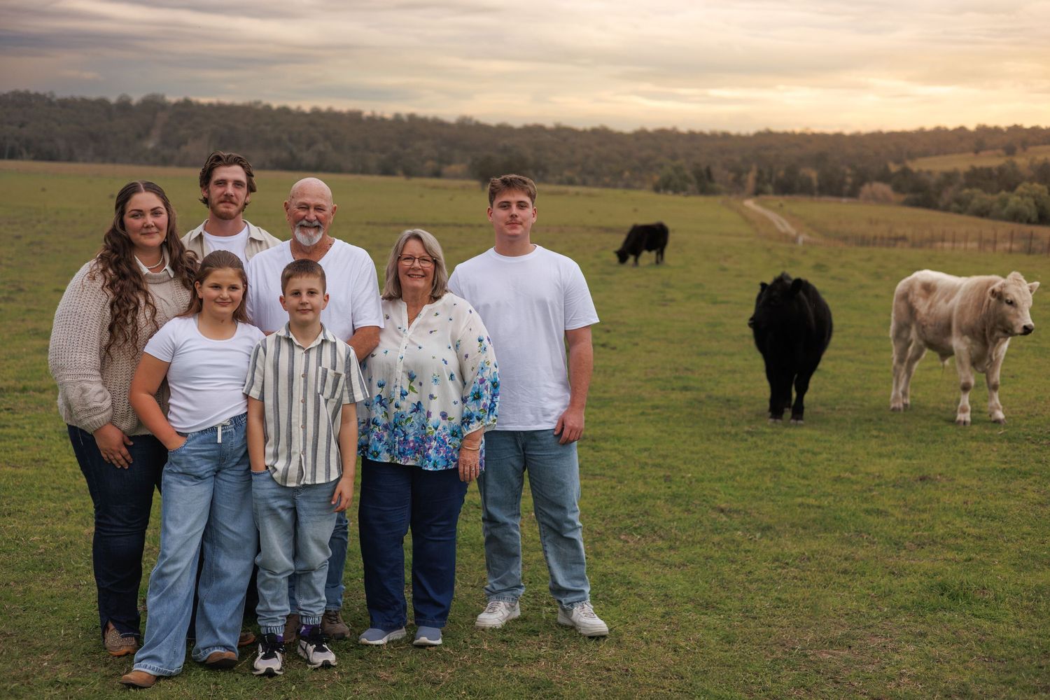 Family of seven posing on a green farm field at sunset with black and white cows grazing in the background.