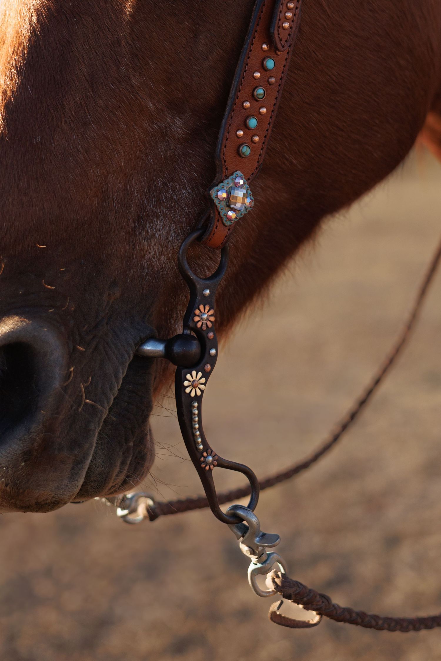 Close-up of a decorated Western horse bridle with turquoise conchos and floral bit on a chestnut horse.