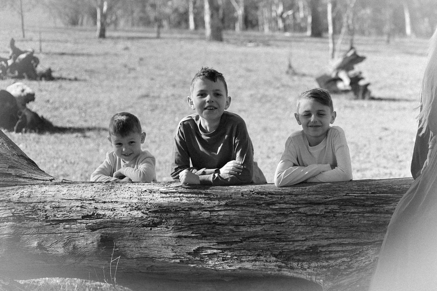 Three children leaning over a large log outdoors in a black and white vintage photo.