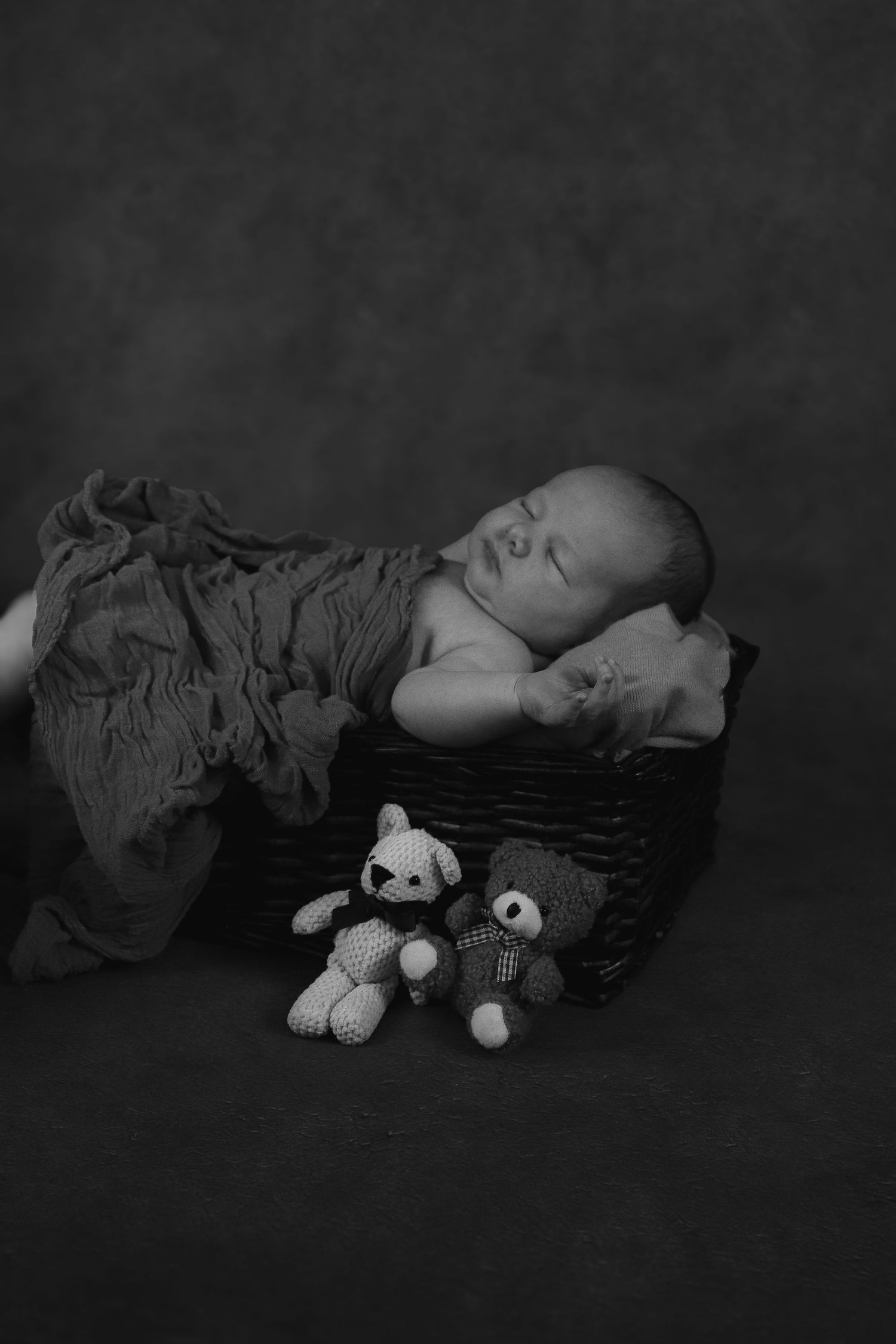 Black and white portrait of a sleeping baby  lying on a basket with stuffed animal toys beside them.