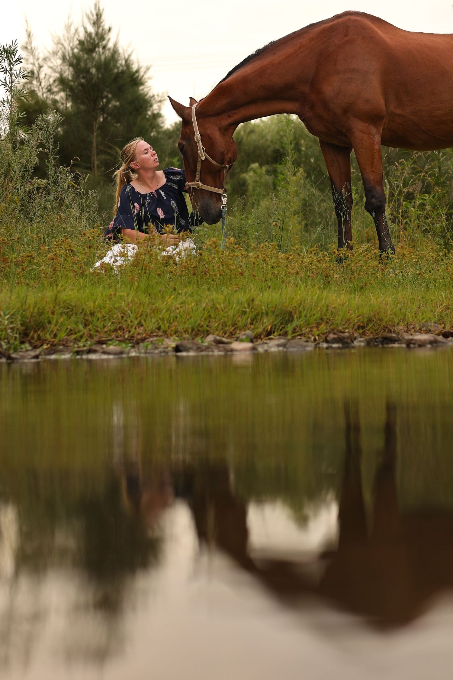 A horse and person relax together by a tranquil pond surrounded by wildflowers and greenery, creating a peaceful reflection.