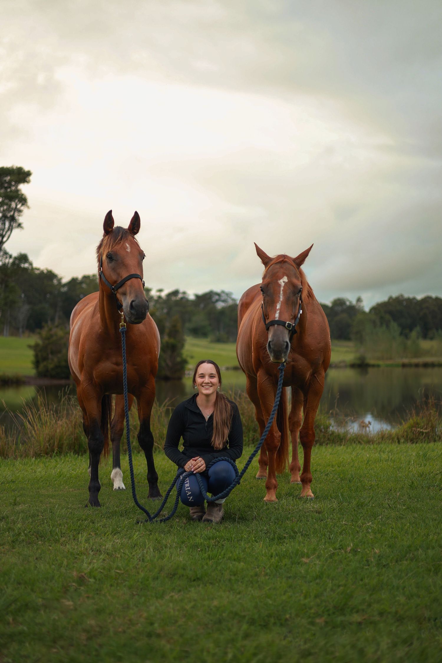 A sequence of photos showing a person posing with two horses in a lush green pasture under cloudy skies.