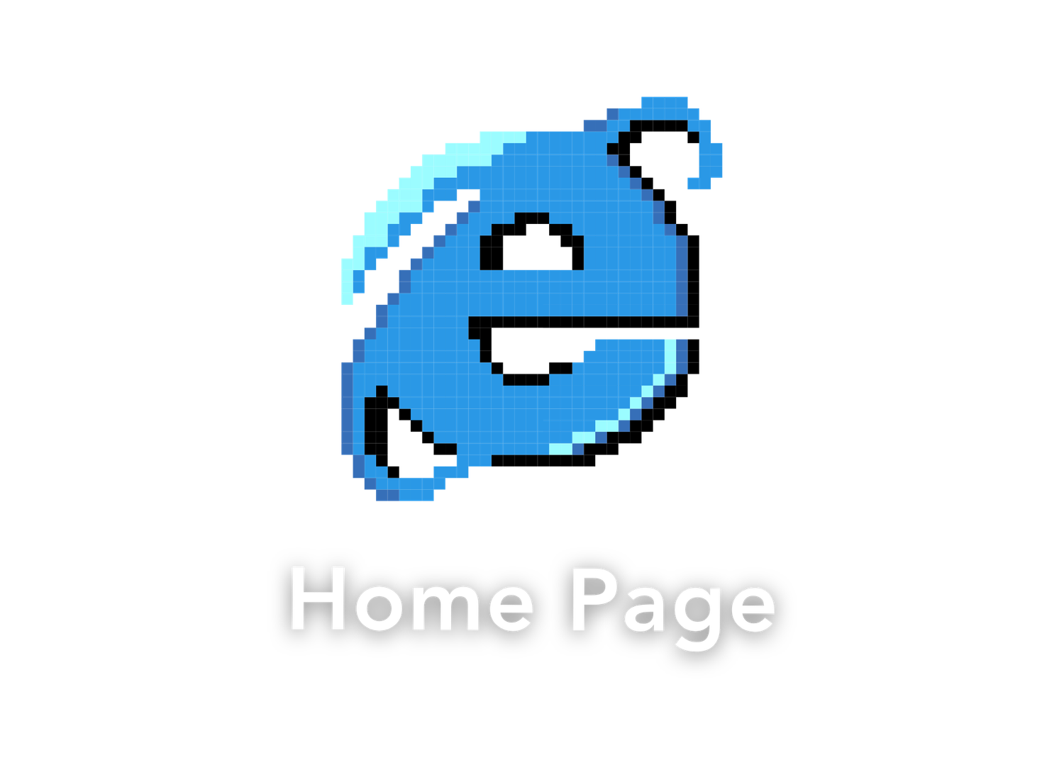Pixelated Internet Explorer browser icon with blue orbital ring and lowercase e logo above Home Page text.