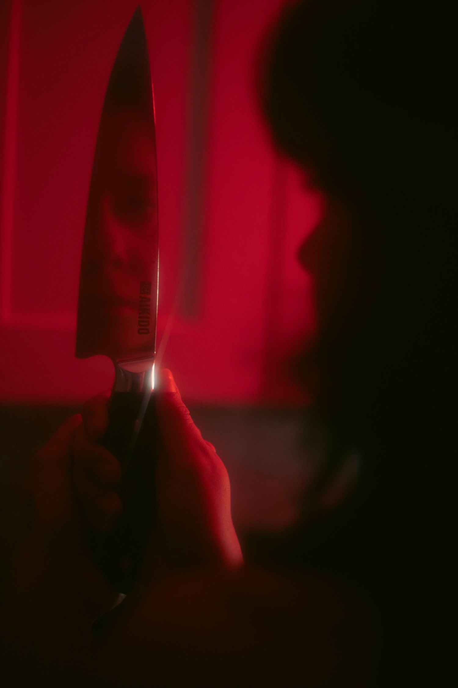A silhouetted figure holds a kitchen knife with a reflective blade against a dramatic red background.