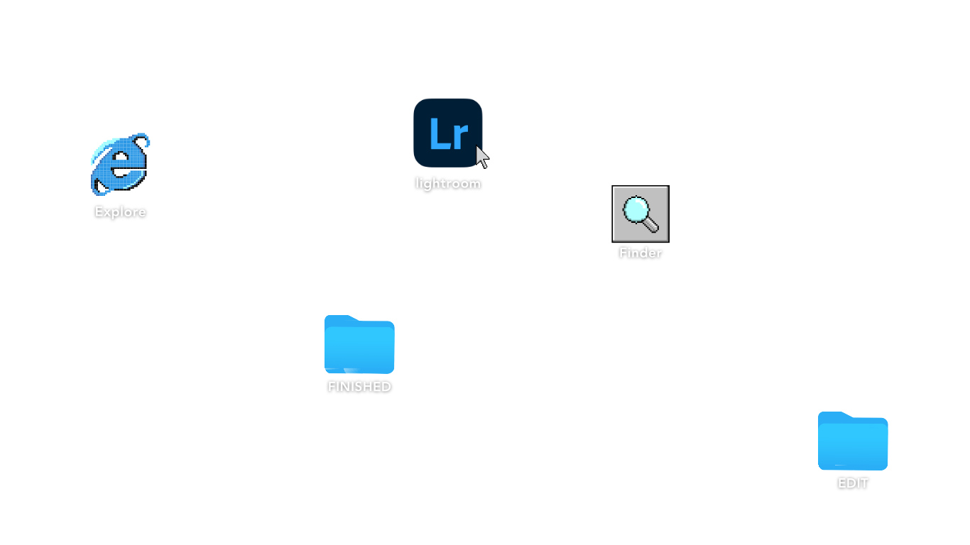 Collection of app icons including Internet Explorer, Adobe Lightroom, image viewer, and blue folders on white background.