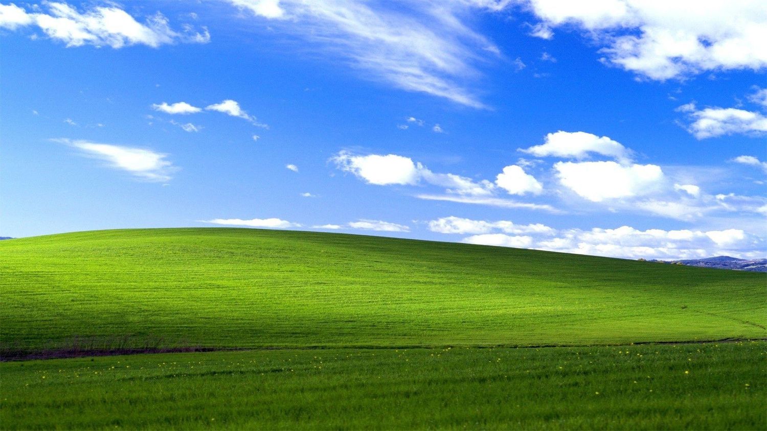 Lush green rolling hills under a bright blue sky with fluffy white clouds, resembling the classic Windows XP wallpaper.