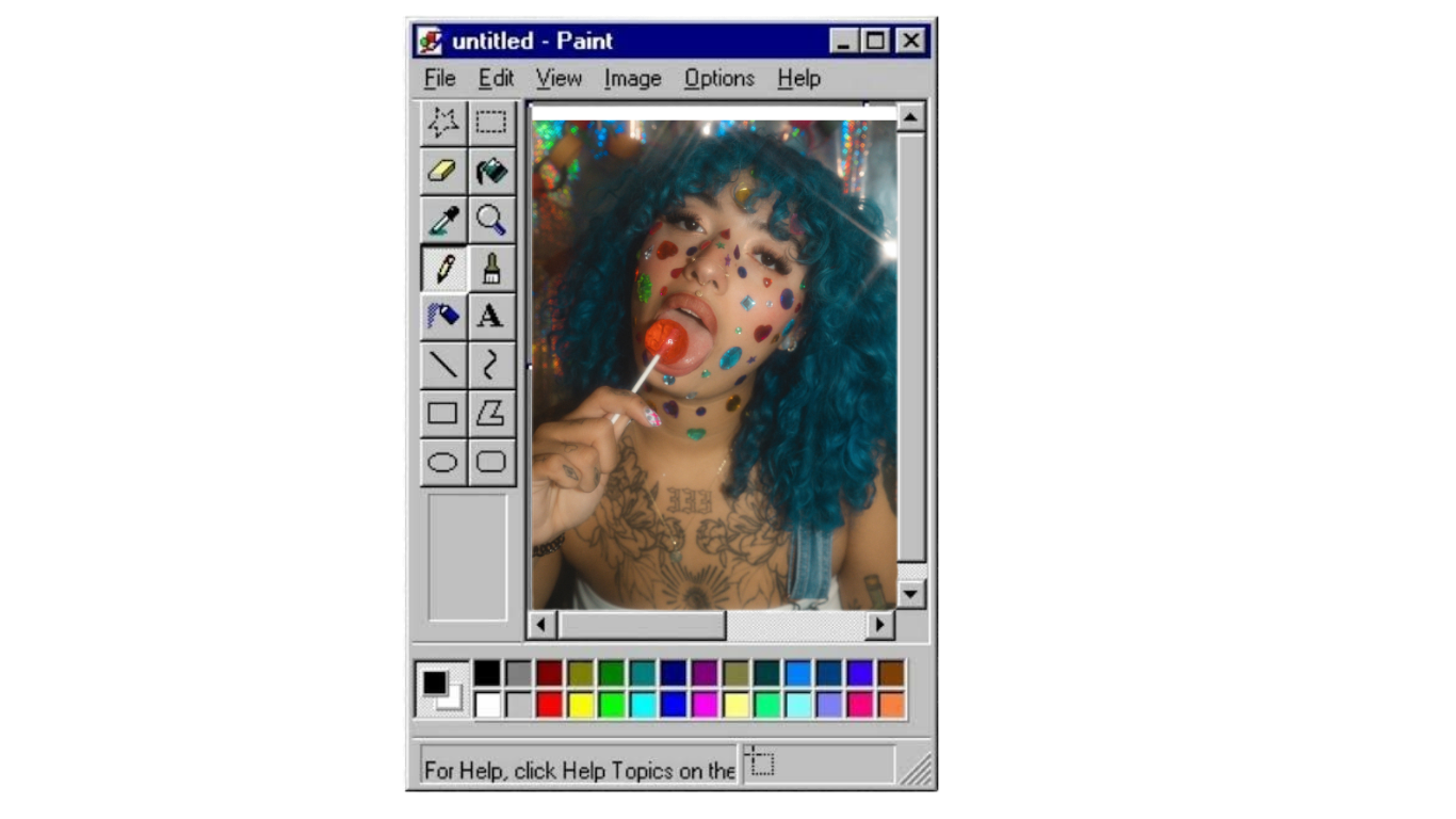 Woman with blue hair holding lollipop displayed in retro Windows MS Paint interface on vintage computer screen.