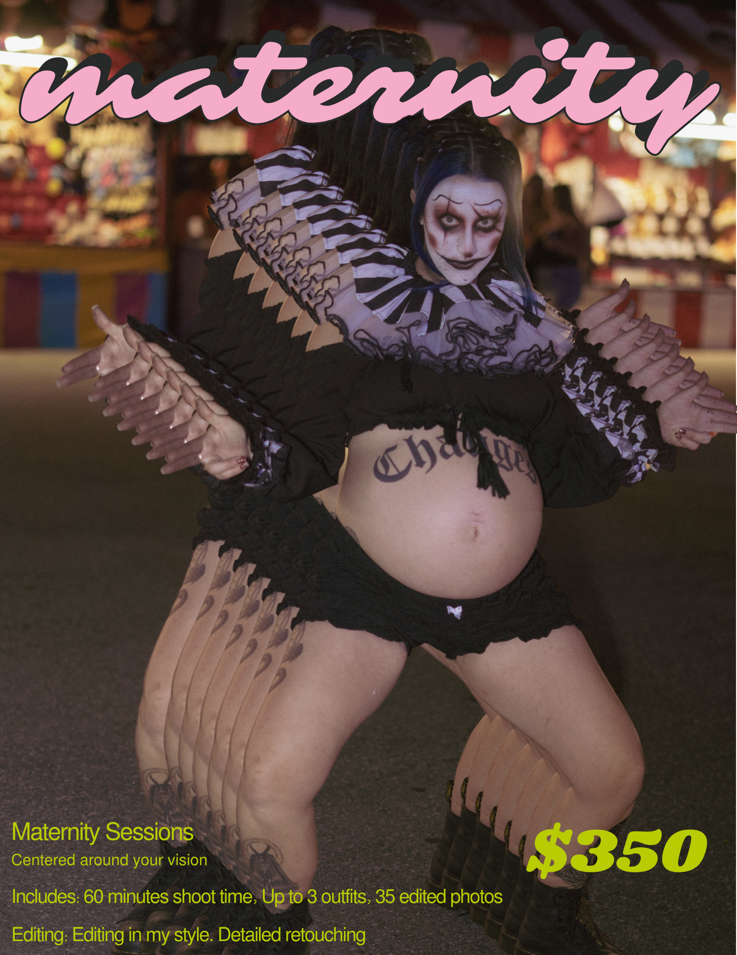 Maternity photography session advertisement featuring a pregnant woman in dramatic clown costume makeup, priced at $350.