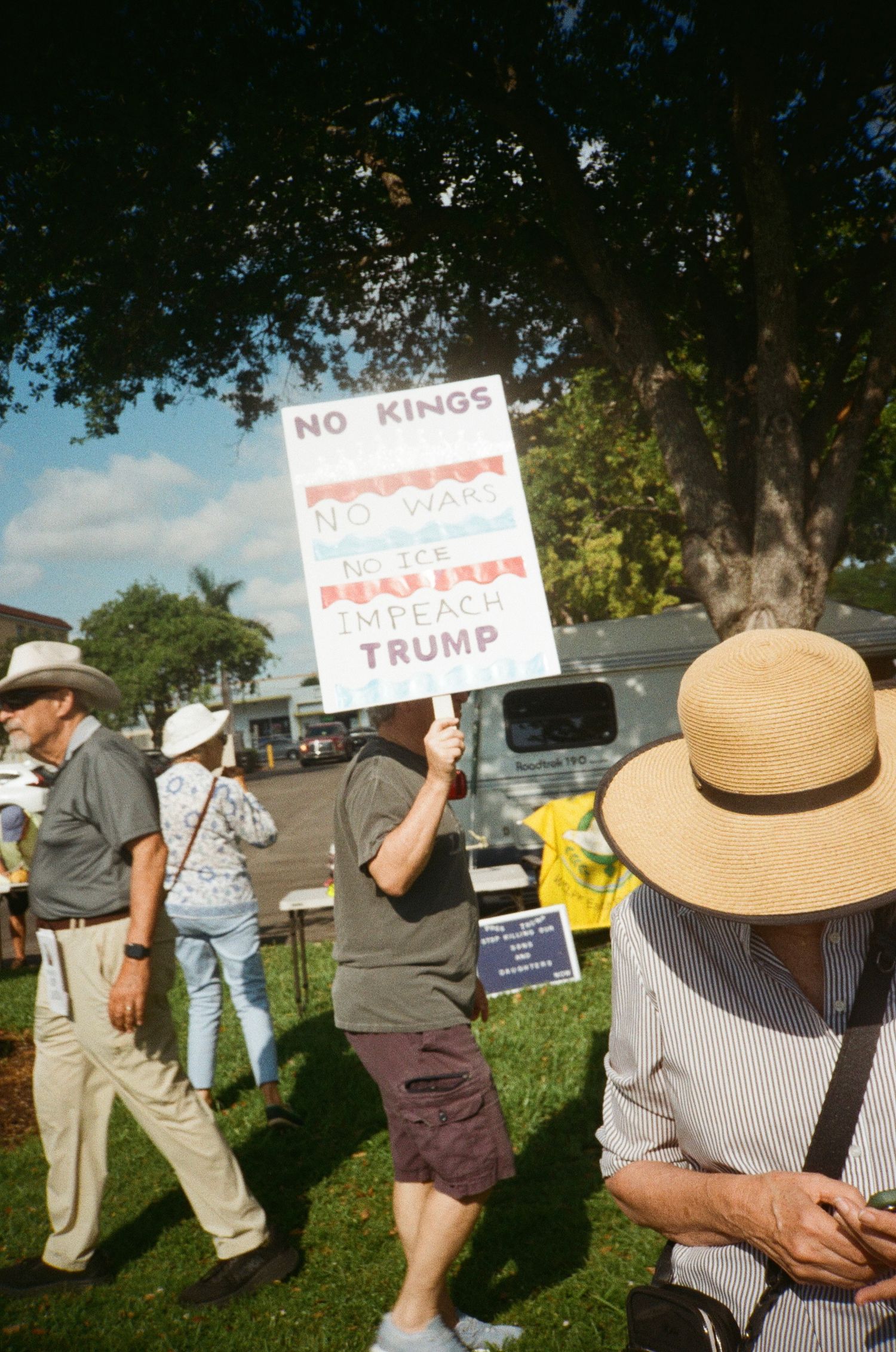 Protester holds 'No Kings, Impeach Trump' sign at outdoor political demonstration near large tree.