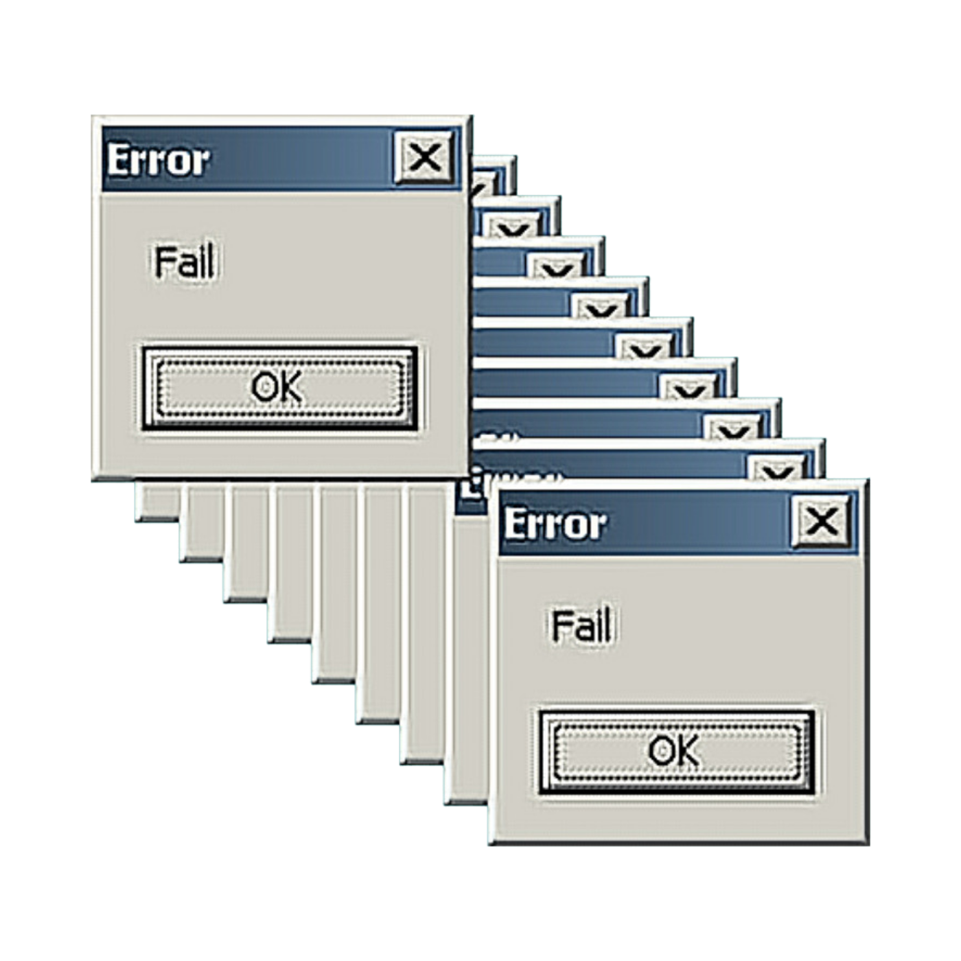 Multiple cascading Windows error dialog boxes displaying Fail message with OK button, resembling a system crash loop.