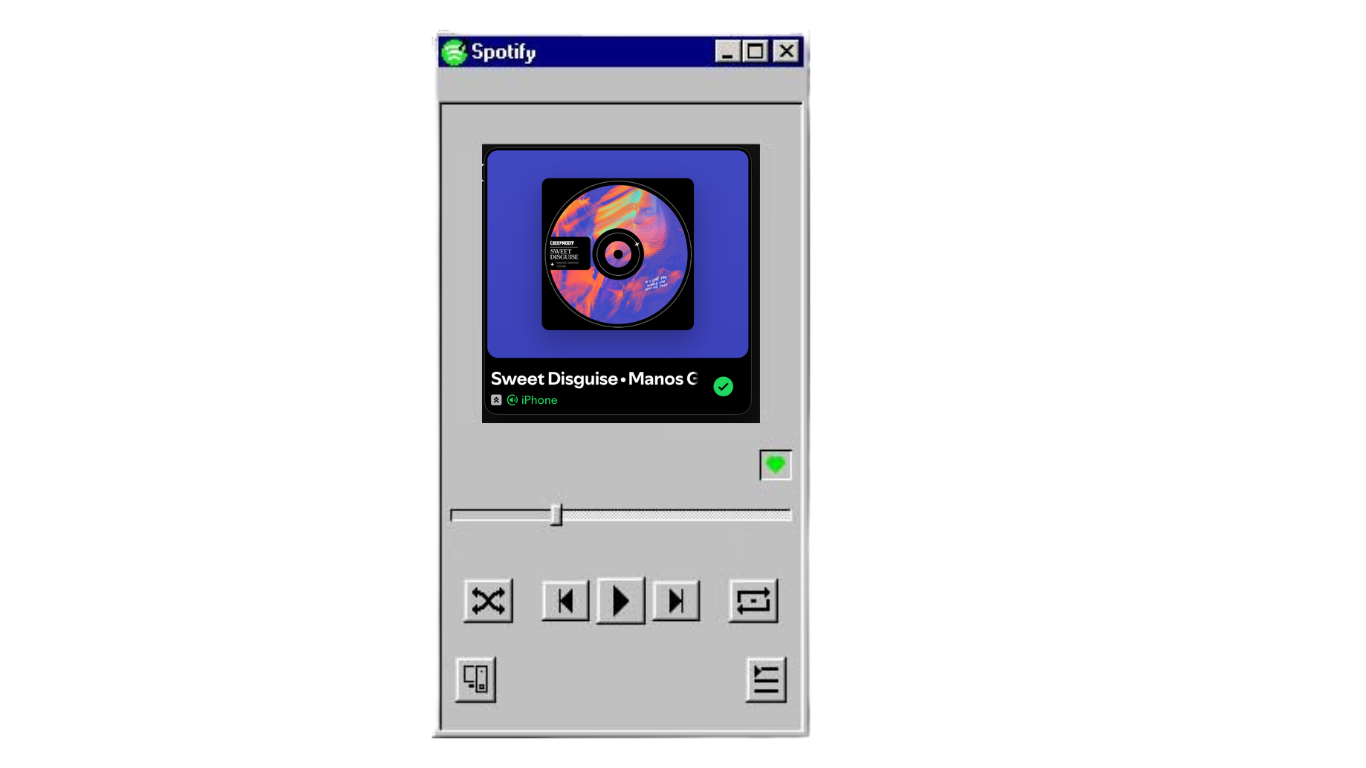 Retro Windows 95-style Spotify music player UI displaying Sweet Disposition by The Temper Trap with classic pixel art controls.