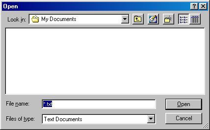 Windows Open dialog box showing My Documents folder with Text Documents file type filter and Open/Cancel buttons.