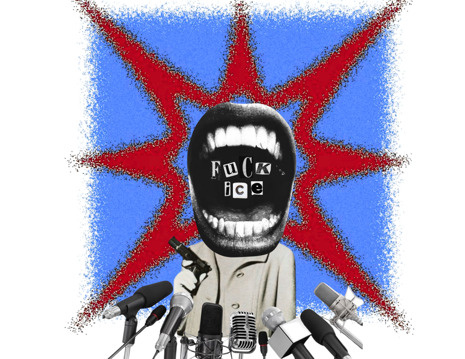 A bold graphic art piece with a screaming figure and Fuck ICE text at microphones.