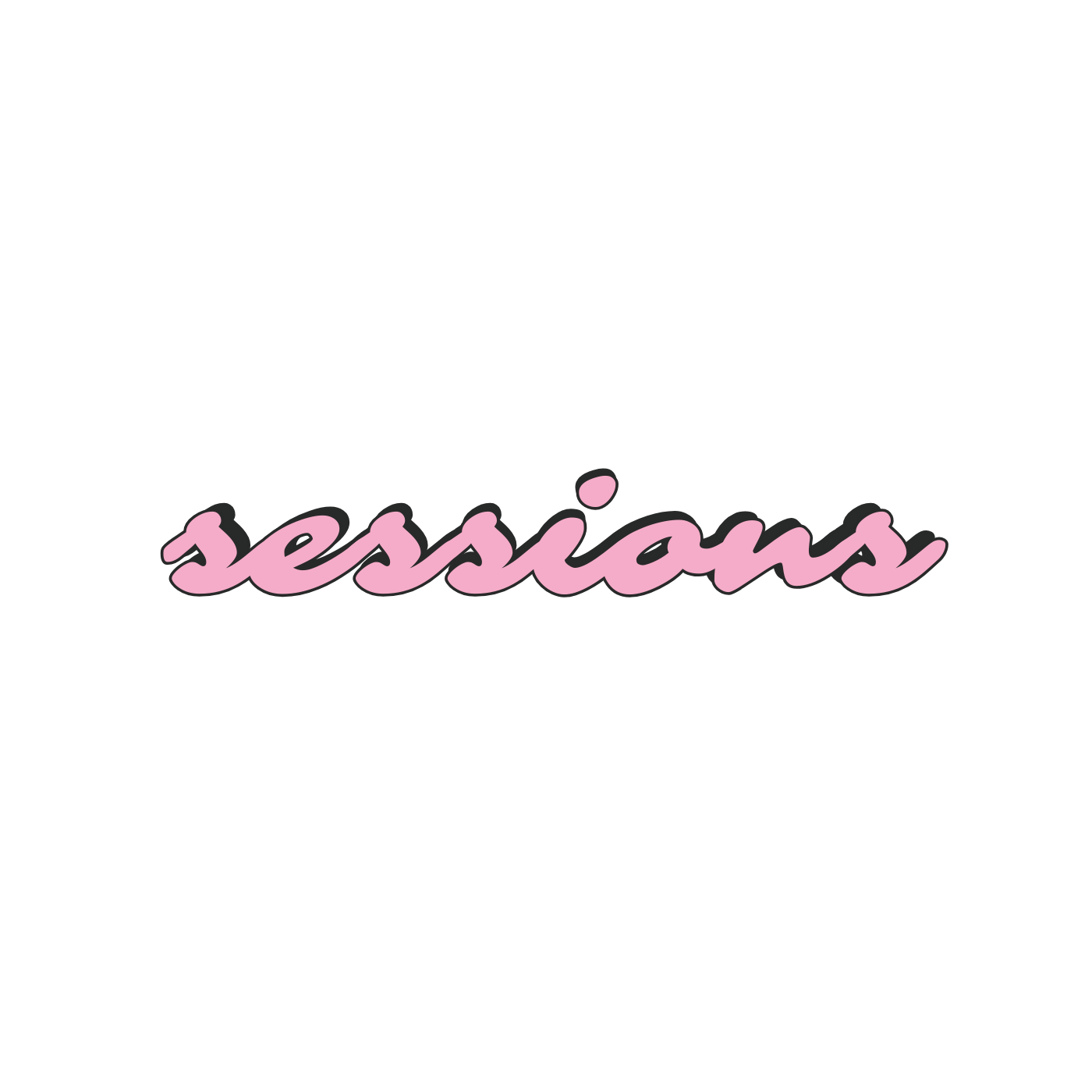 Pink cursive sessions text logo with dark shadow on a white background.