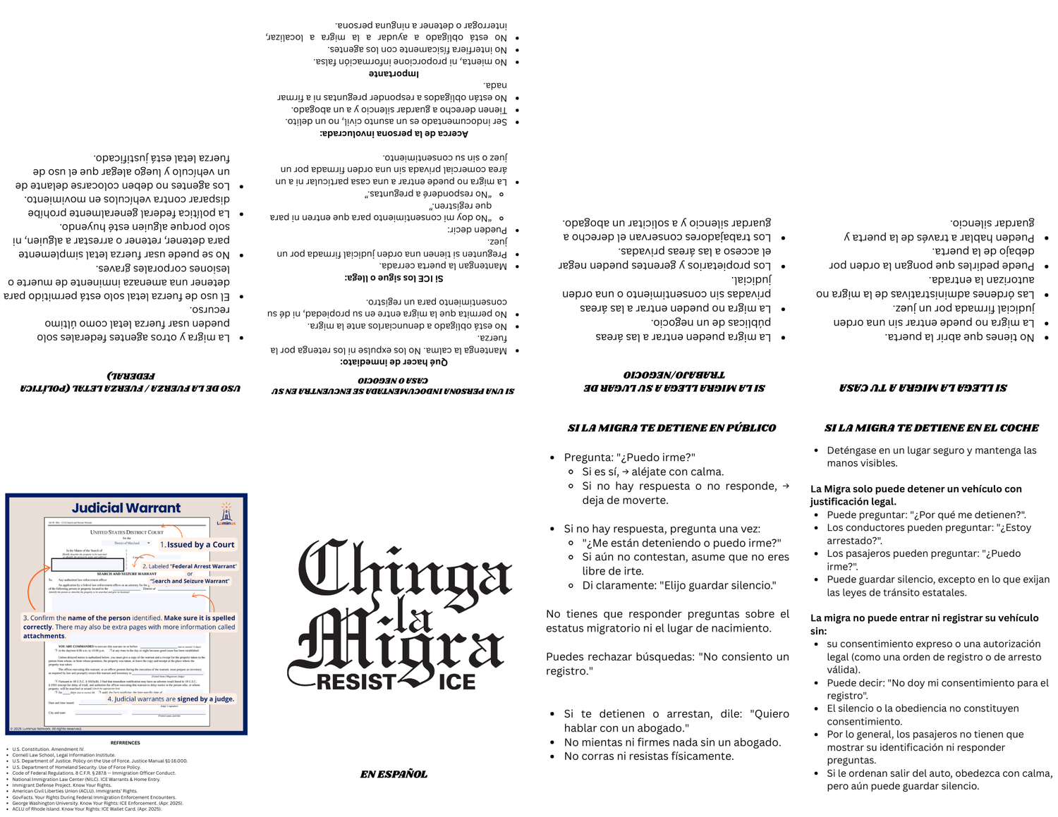 A tri-fold zine titled Chinga la Migra Resistance with immigration rights information.