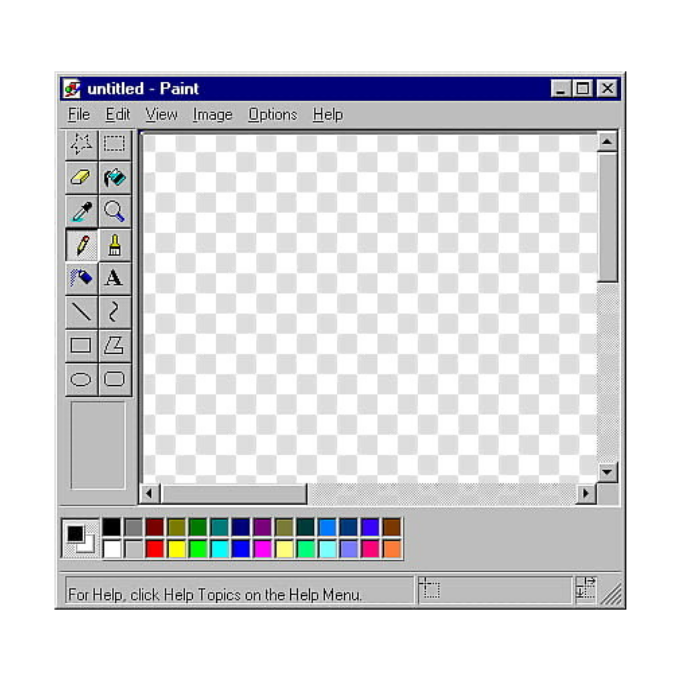 Classic Microsoft Paint application window on Windows 95, showing empty transparent canvas with checkered pattern and color palette.