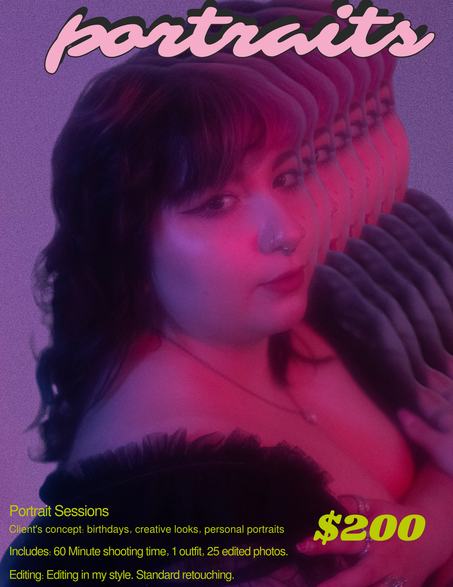 Neon-lit portrait photography session promo showing a woman with dark hair, priced at $200 for 60 minutes and 25 edited photos.