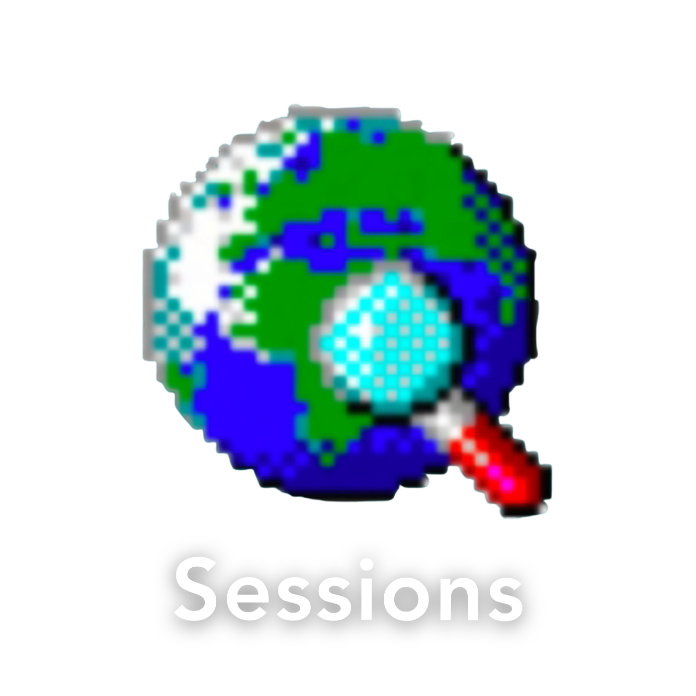 Pixelated globe with magnifying glass icon labeled Sessions, representing web session tracking software.