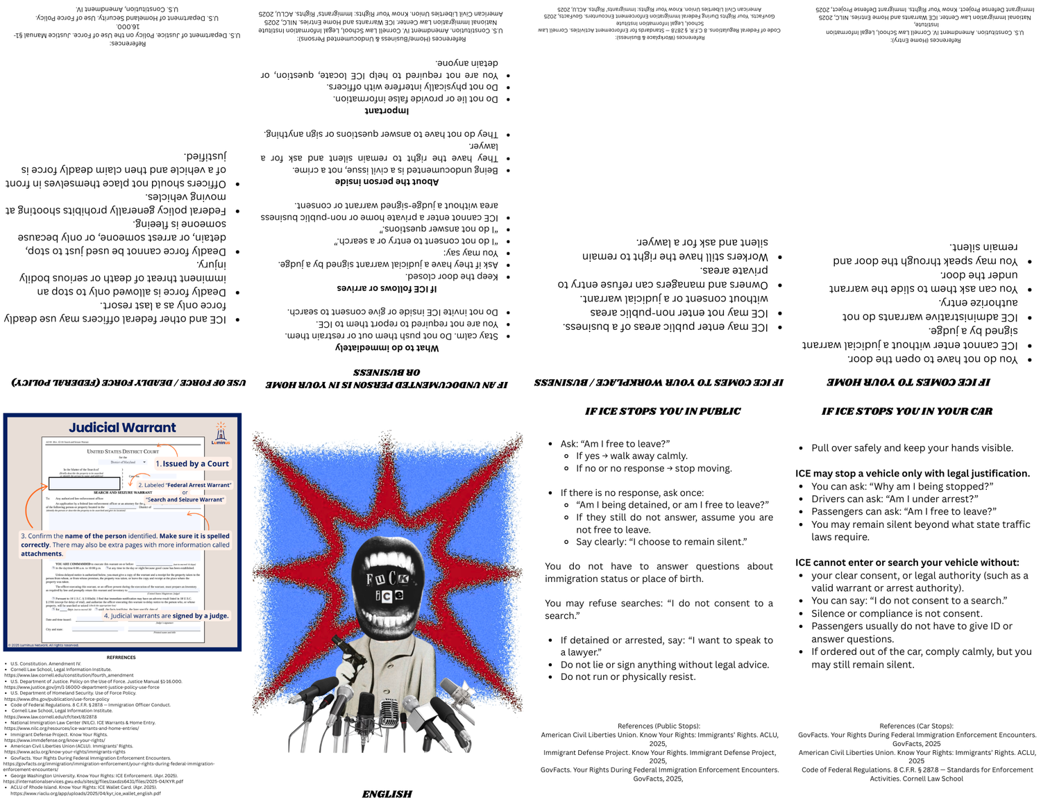 A tri-fold zine featuring immigration rights information and a protest illustration.