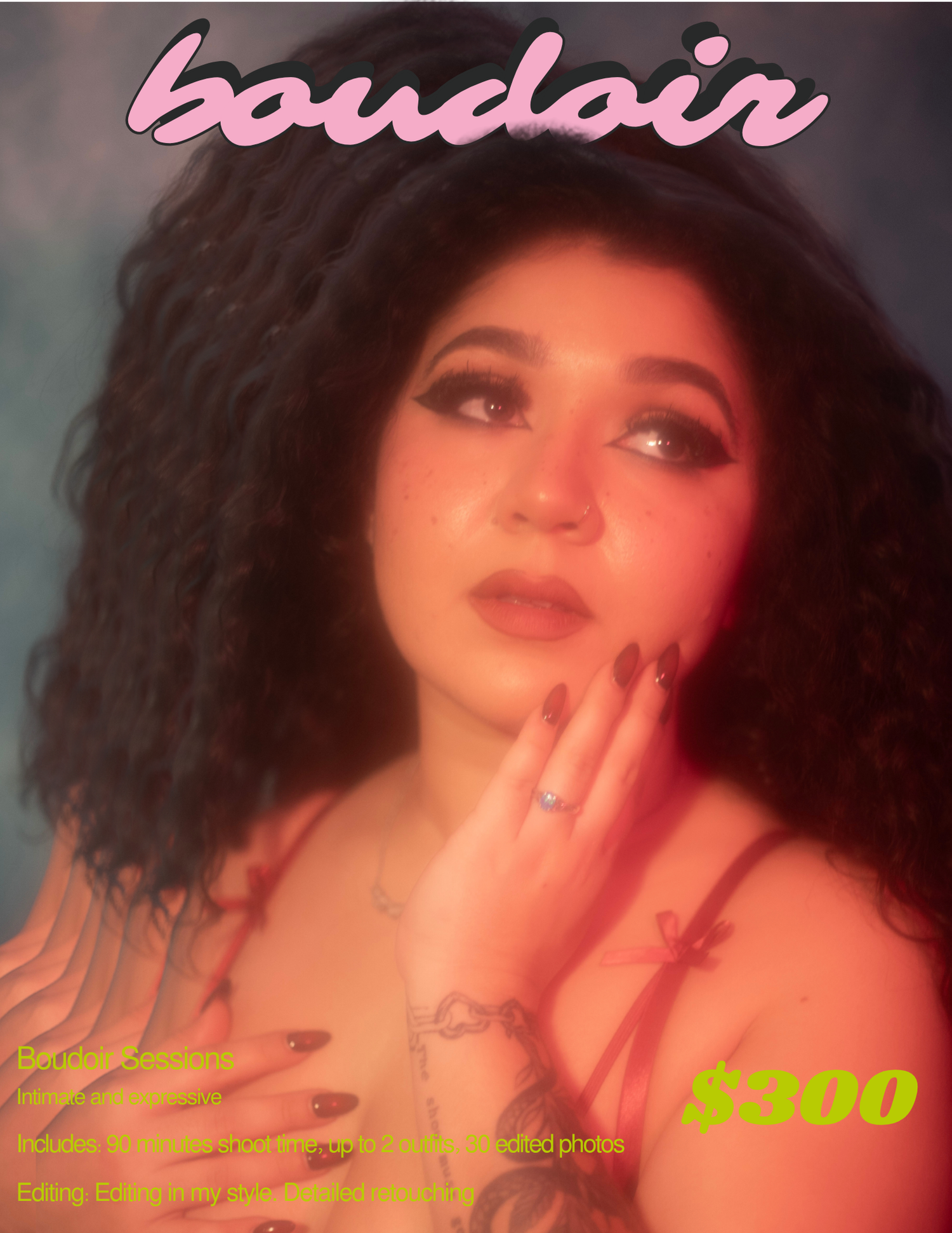 Boudoir photography package promotional flyer featuring a woman posing elegantly, priced at $300.