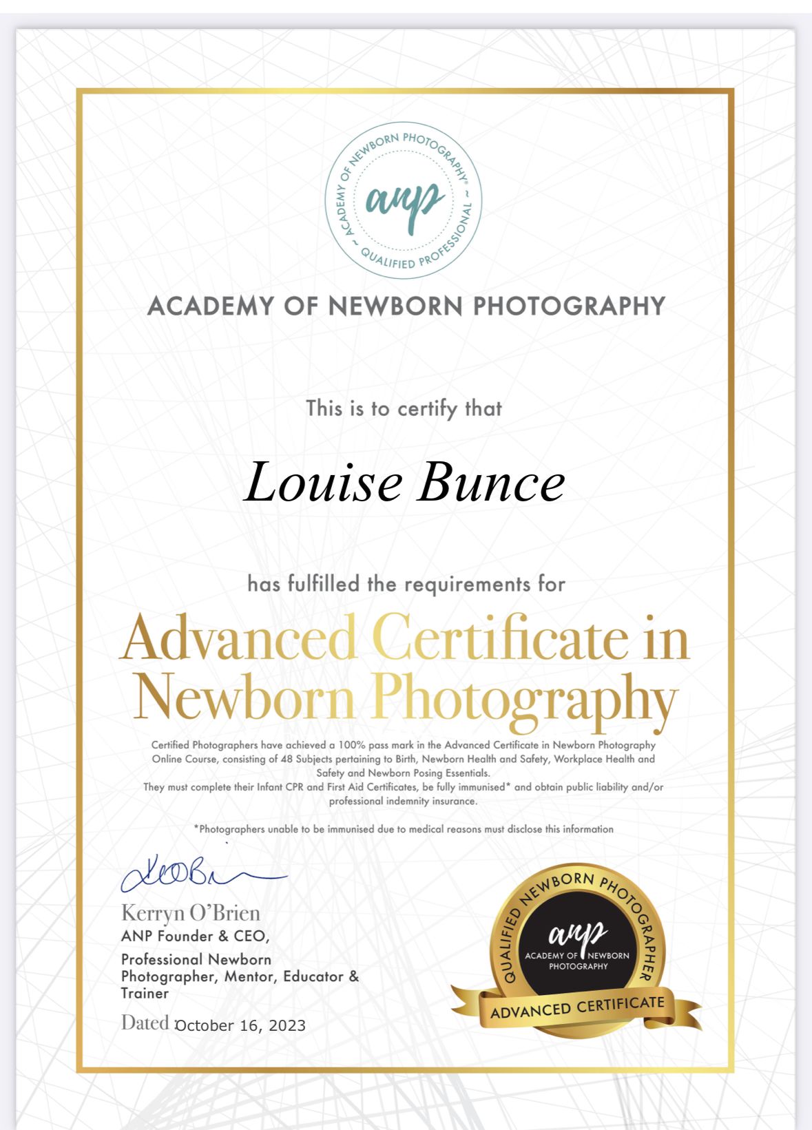 Professional certification document showing an Advanced Certificate in Newborn Photography with gold accents and seals.