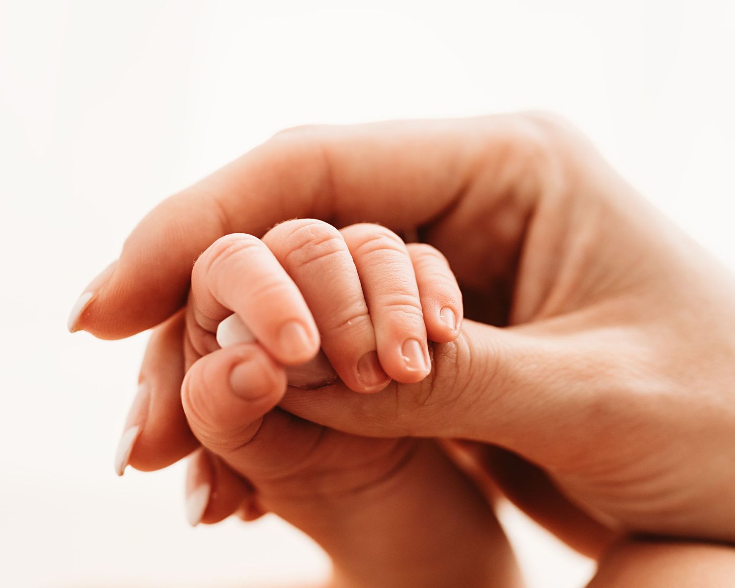 A tiny baby's hand gently grasps an adult's finger against a soft white background.