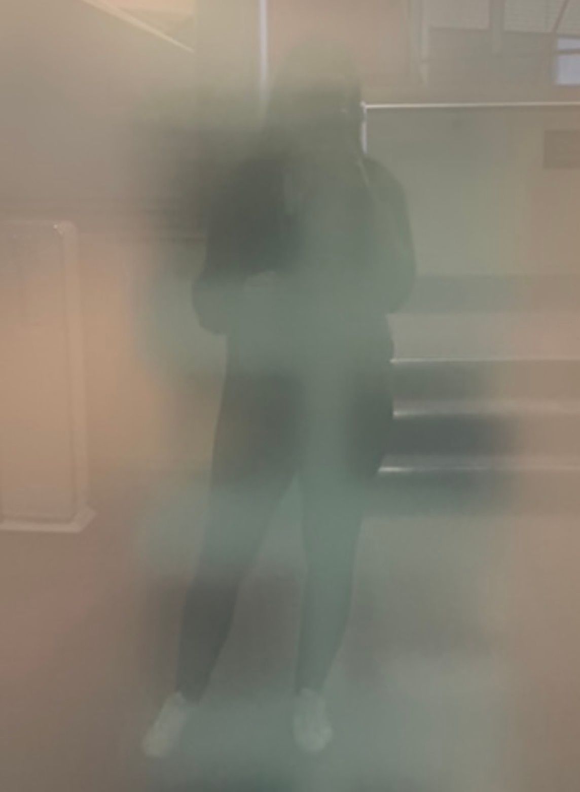 Silhouette of a person standing in a fog-filled stairwell, creating an eerie and mysterious atmosphere.