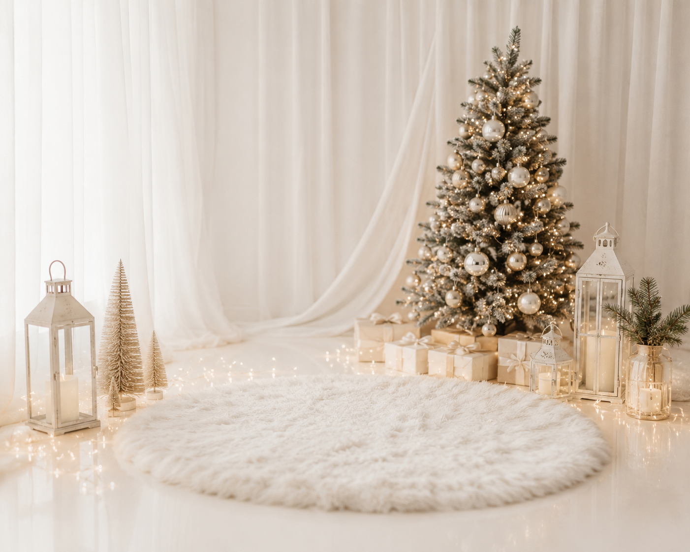 Elegant white Christmas setup with gold-decorated tree, glowing lanterns, wrapped gifts, and a fluffy white round rug.