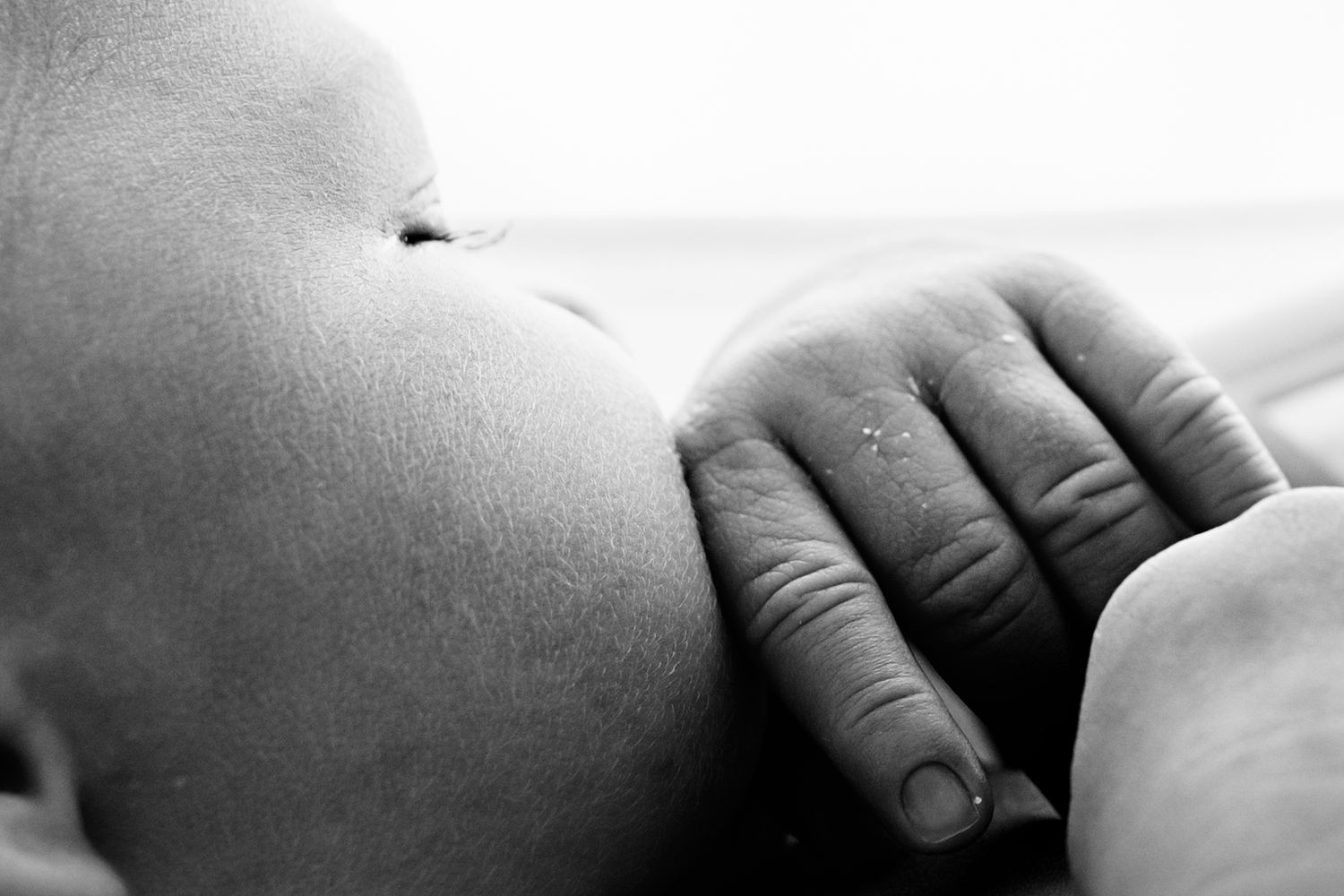 Black and white close-up photo of a newborn baby being cradled gently by an adult hand.
