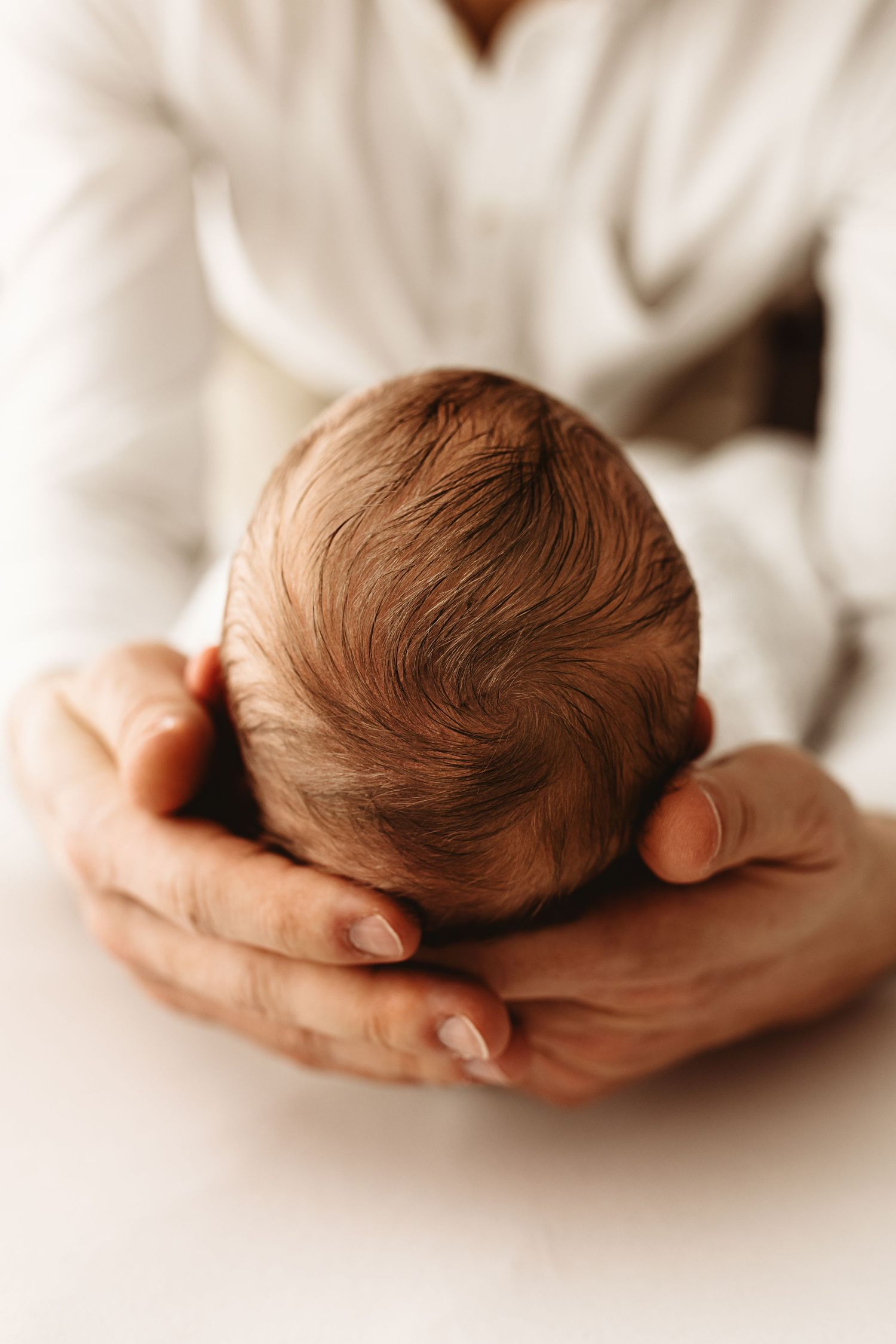 Close-up of a newborn baby's head cradled gently in adult hands, showcasing fine hair and delicate features.