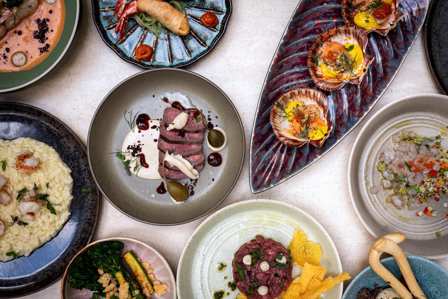 Flat lay shared dishes, cairns