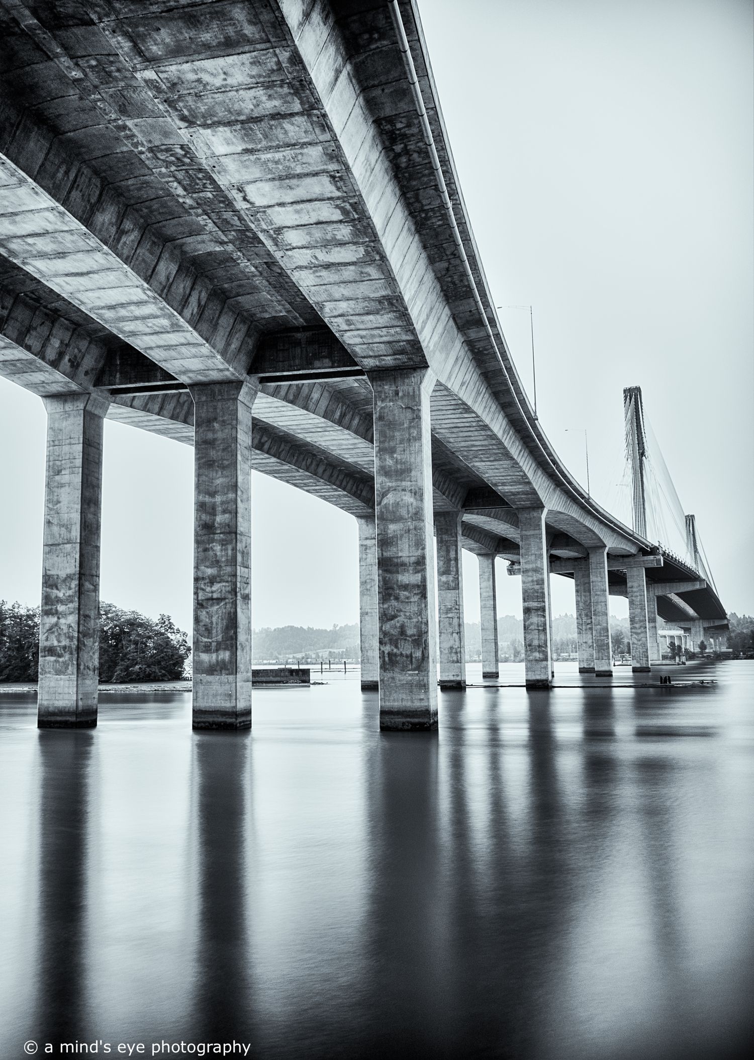 B&W architectural photo, building, graphical image,  eyes, pattern, light, shadows, texture, details, abstract, bridge, cables, support