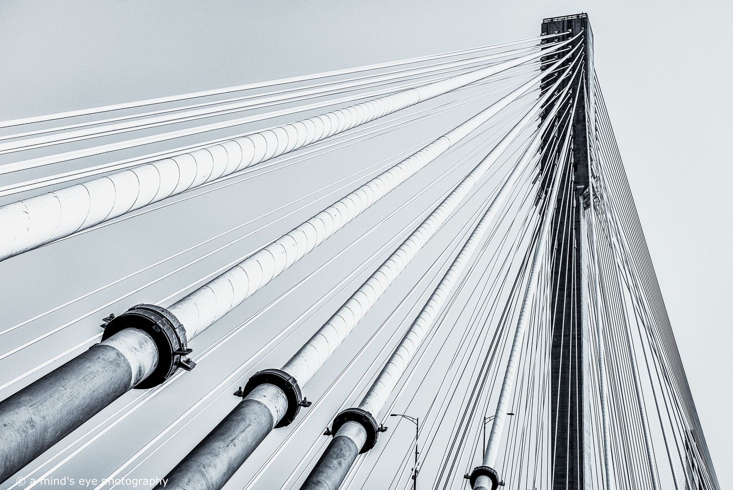 B&W architectural photo, building, graphical image,  eyes, pattern, light, shadows, texture, details, abstract, bridge, cables, support,