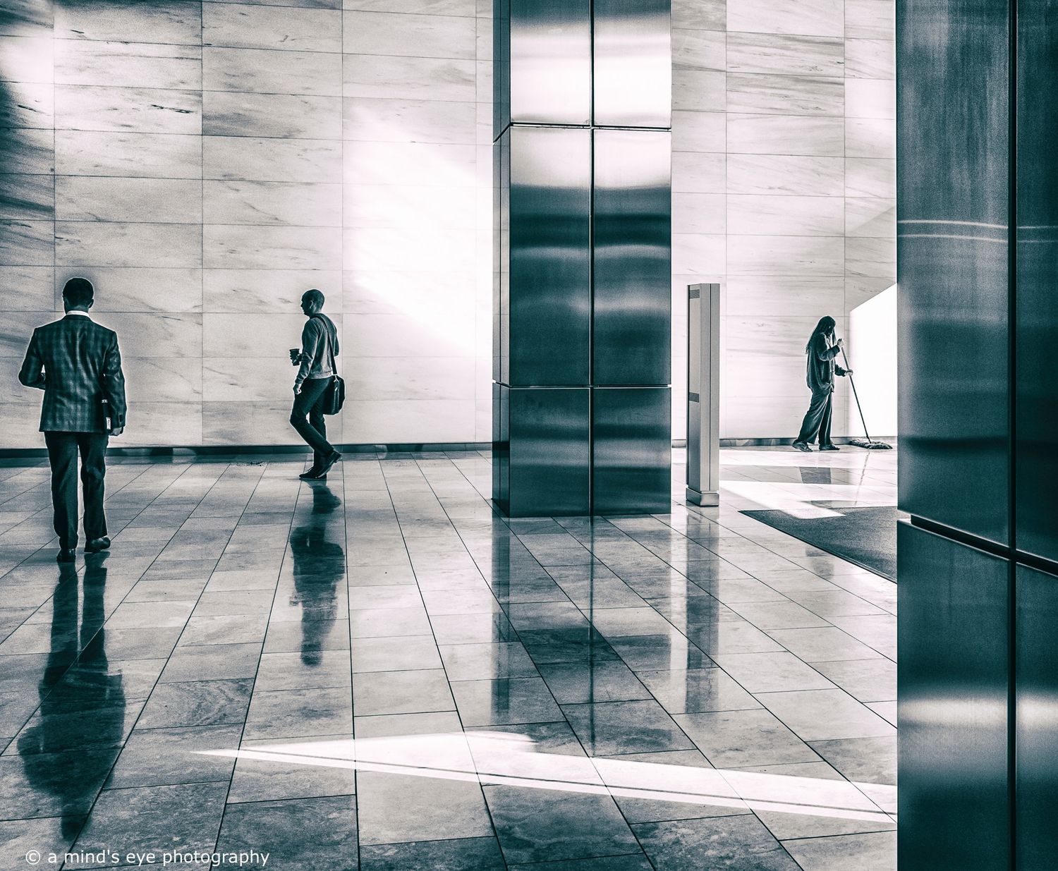B&W interior photo, building, graphical image,  eyes, pattern, light, shadows, texture, details, abstract, support, people
