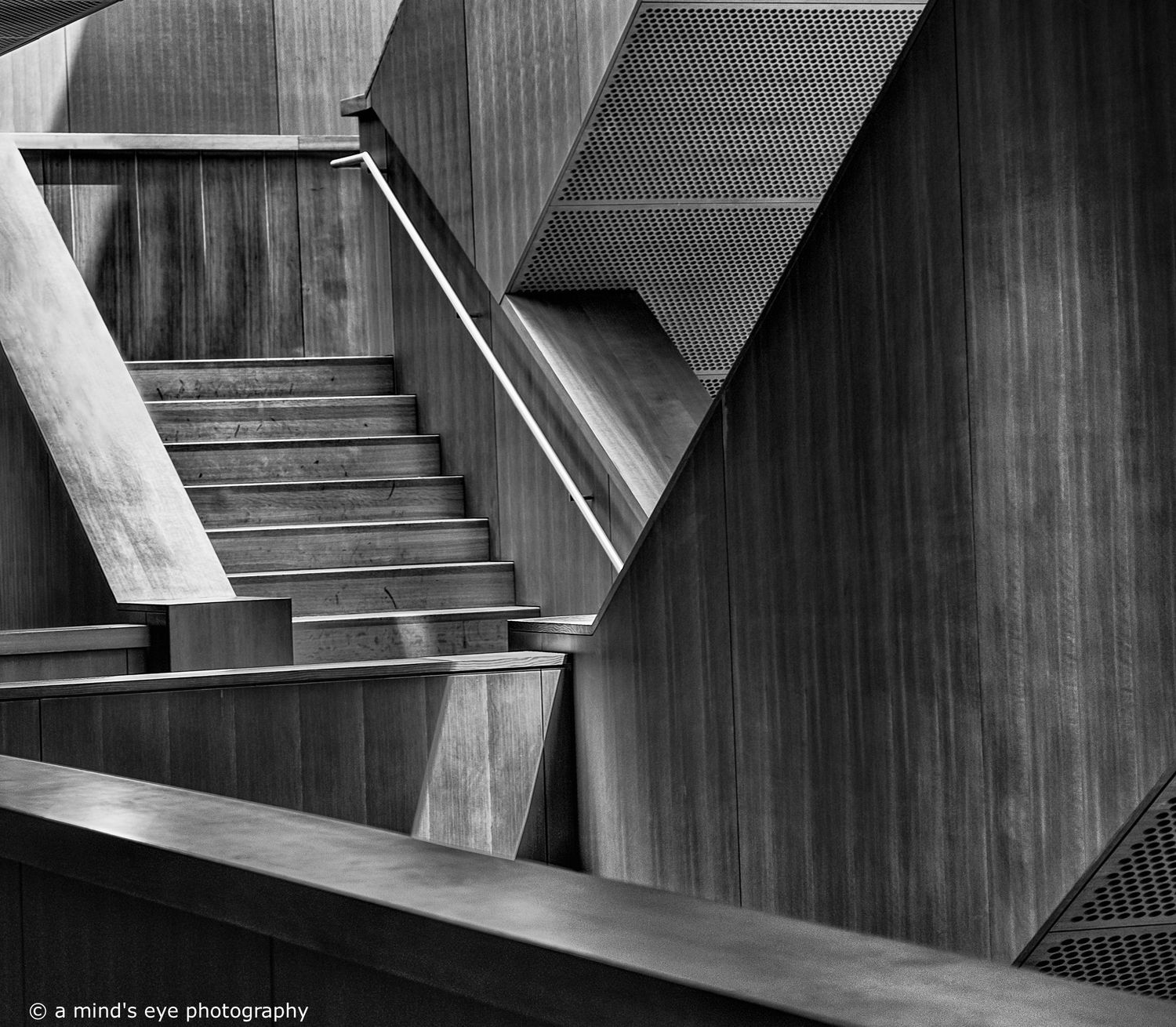 B&W architectural photo, AGO, stairs, angles, diagonals, graphical image, light, shadows