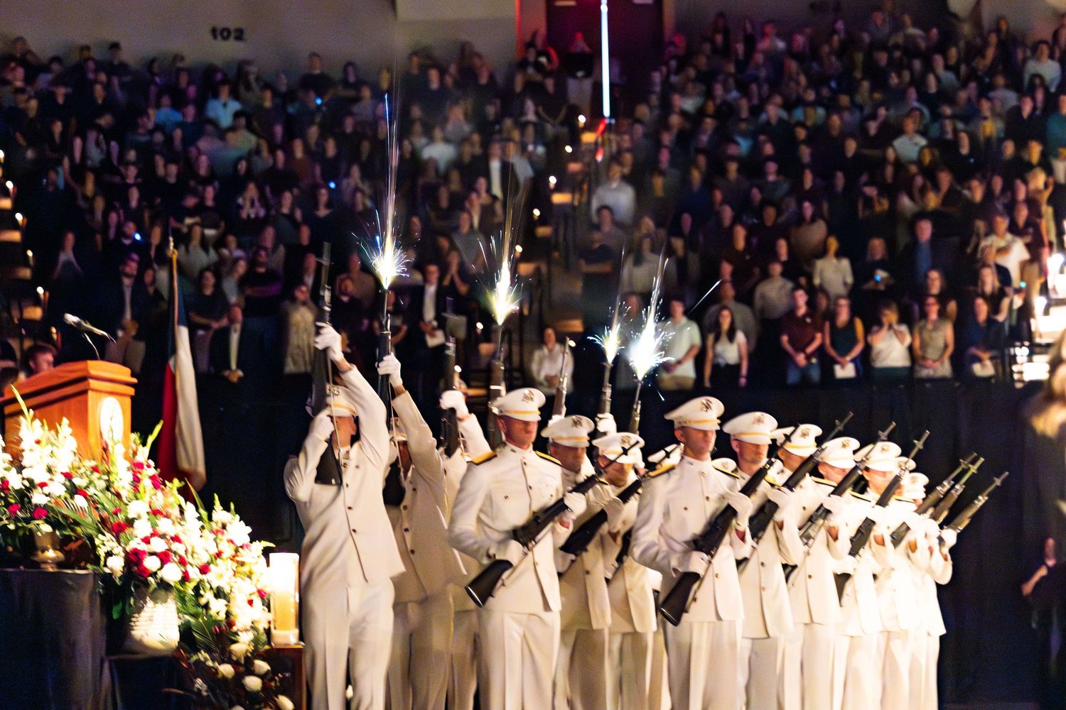 Aggies gathered for the Campus Muster Ceremony at Reed Arena in College Station, Texas, on April 21, 2025. (Whitney Moody/Texas A&M)