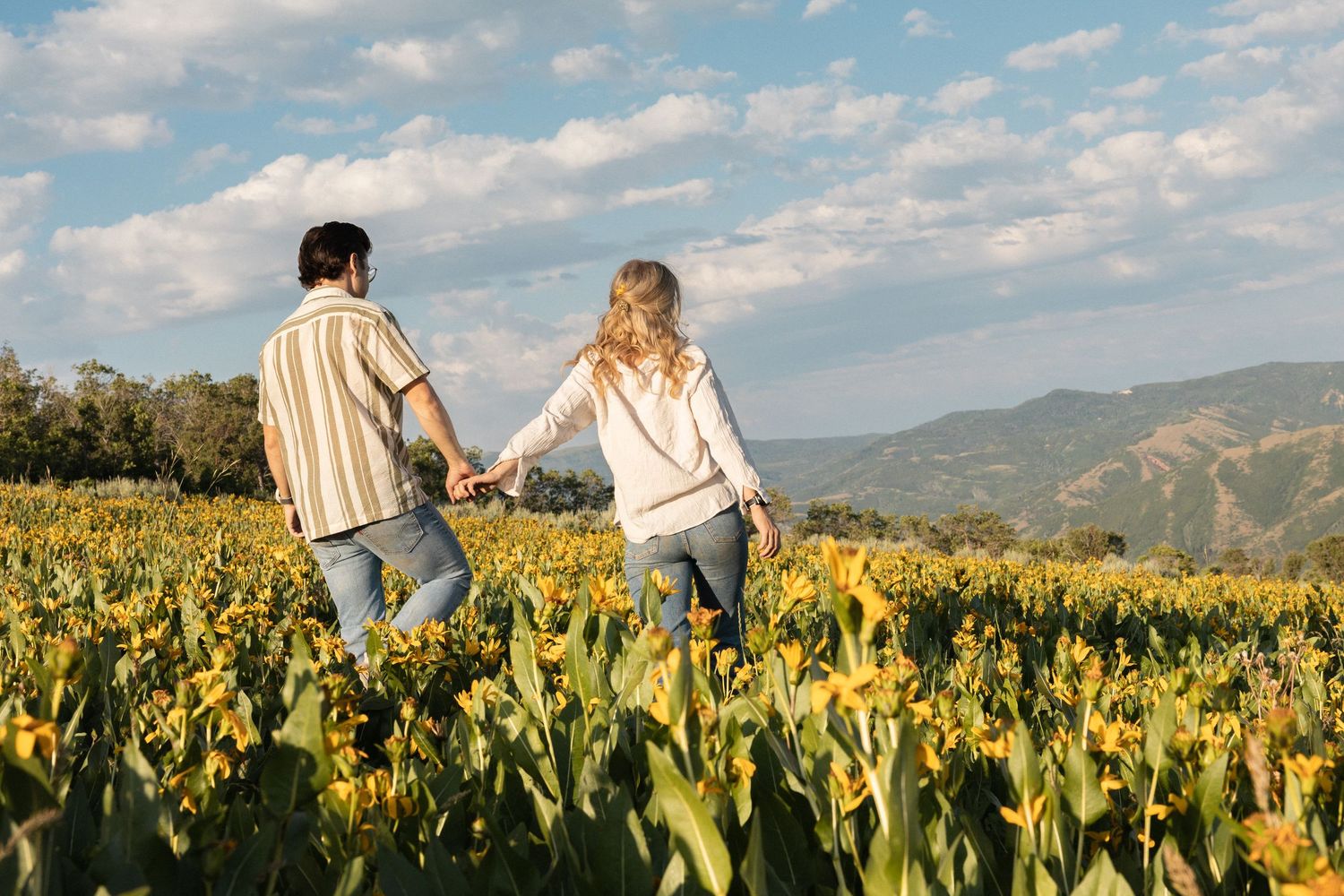 A couple walking away in a field of Wild Flowers on a summer afternoon up Emigration Pass right outside of Salt Lake City, Utah.