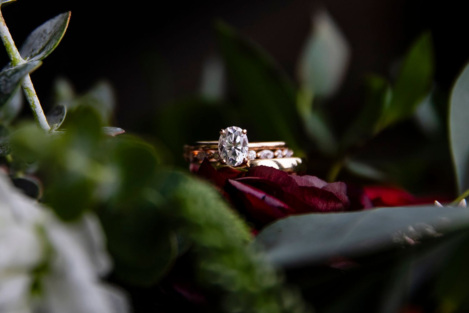 A delicate diamond engagement ring sparkles against a blurred green foliage background in natural light.
