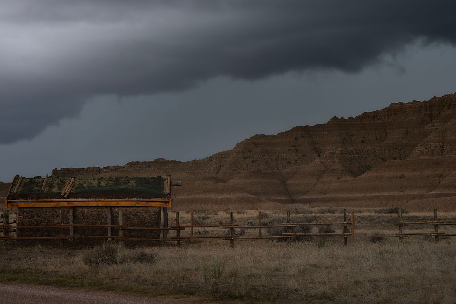 Dark storm clouds over the Toadstool Geological Park campground in western Nebraska