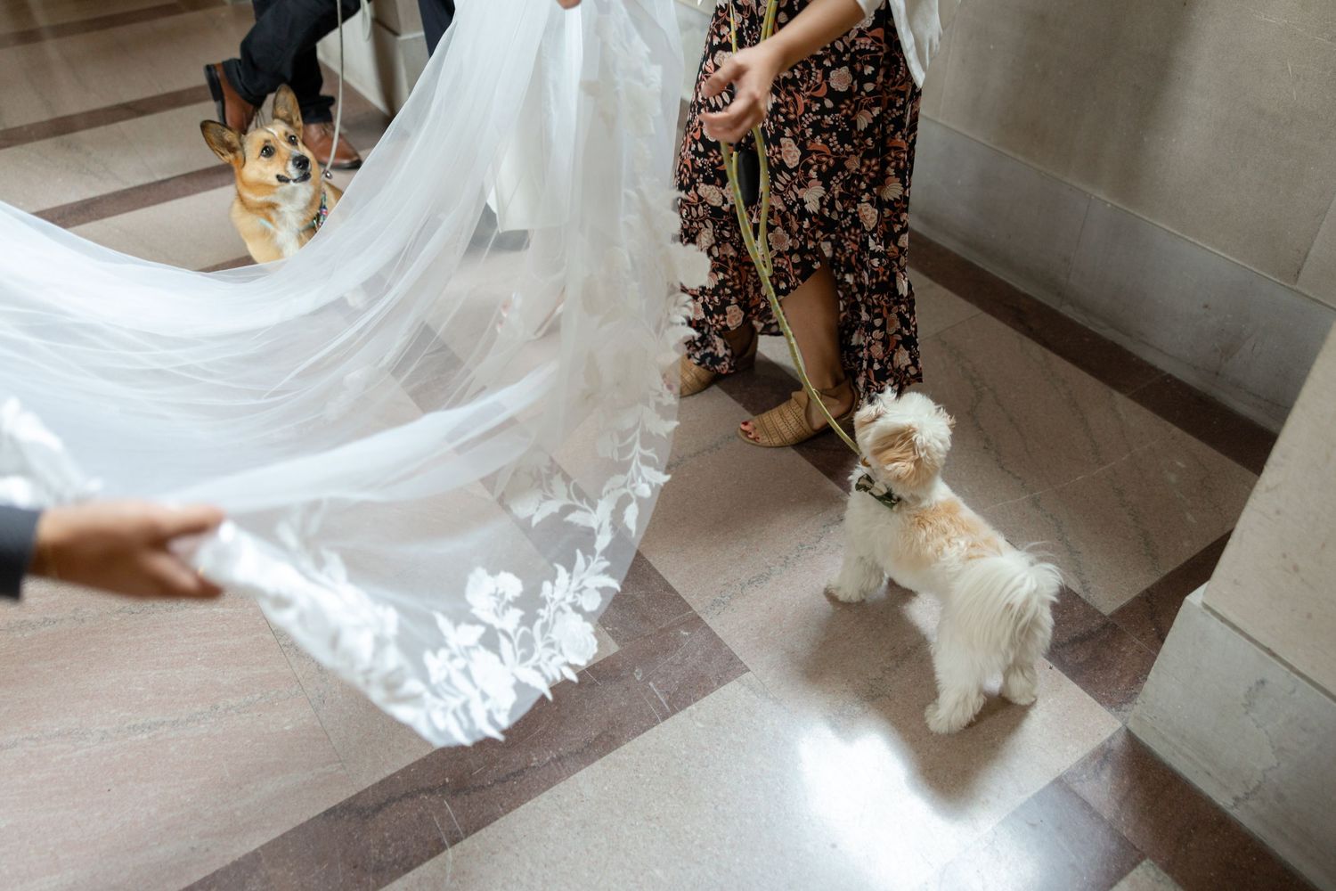 A bride's flowing white wedding dress train trails behind her on a polished floor with floral arrangements nearby.