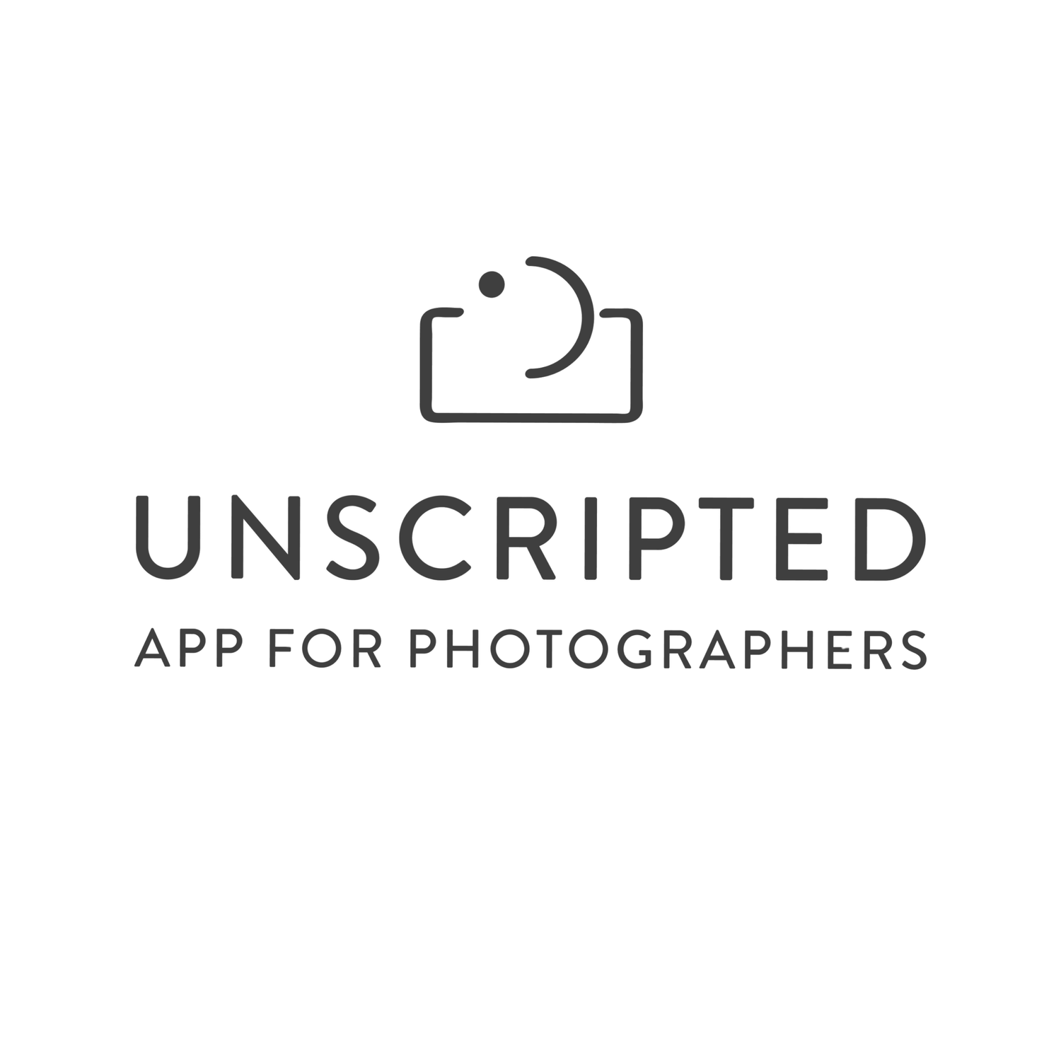 A minimalist black and white app logo displaying the text 'UNSCRIPTED' with 'APP FOR PHOTOGRAPHERS' underneath.