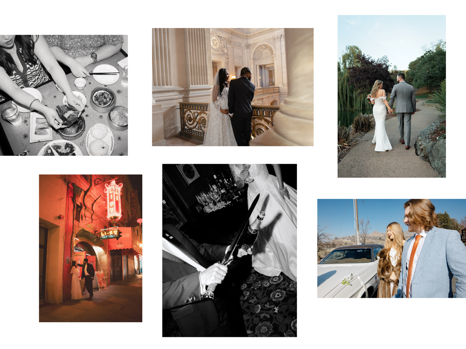A collection of black and white and color wedding photographs arranged in a grid showing couples and venue details.