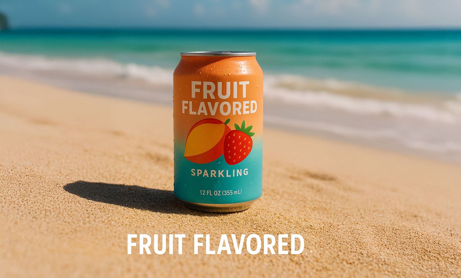 Chilled fruit-flavored sparkling drink can on beach sand with fresh strawberry, orange slice, and pineapple, ocean in background.
