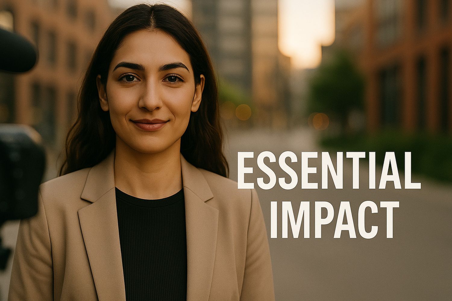 Portrait of a smiling Middle Eastern woman outdoors during golden hour with 